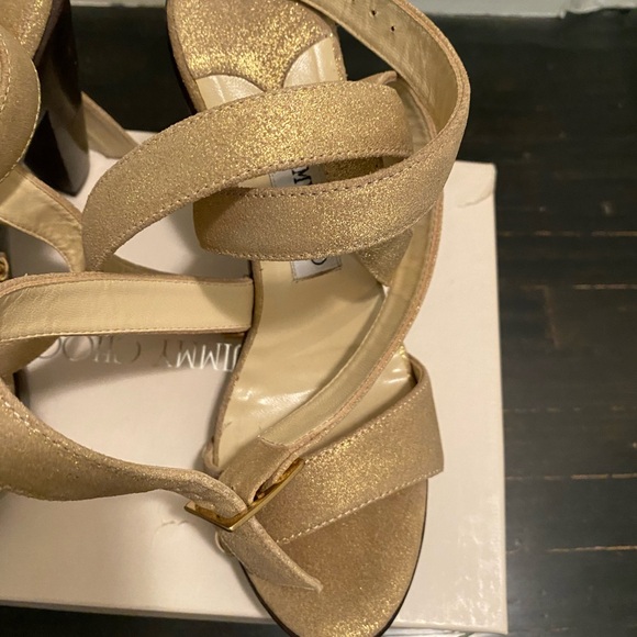 Jimmy Choo Gold Metallic Suede Wood Heel Studs Double Ankle Strap Sandal 38 - Picture 4 of 5
